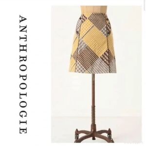 Anthropologie Maeve Yellow Brown Houndstooth Velvet Skirt Vintage A-Line Size 4